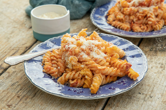 Baked pasta with chorizo and Parmesan