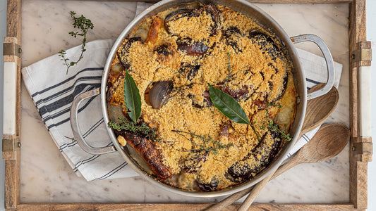 Sausage, sweet potato and red onion crumble