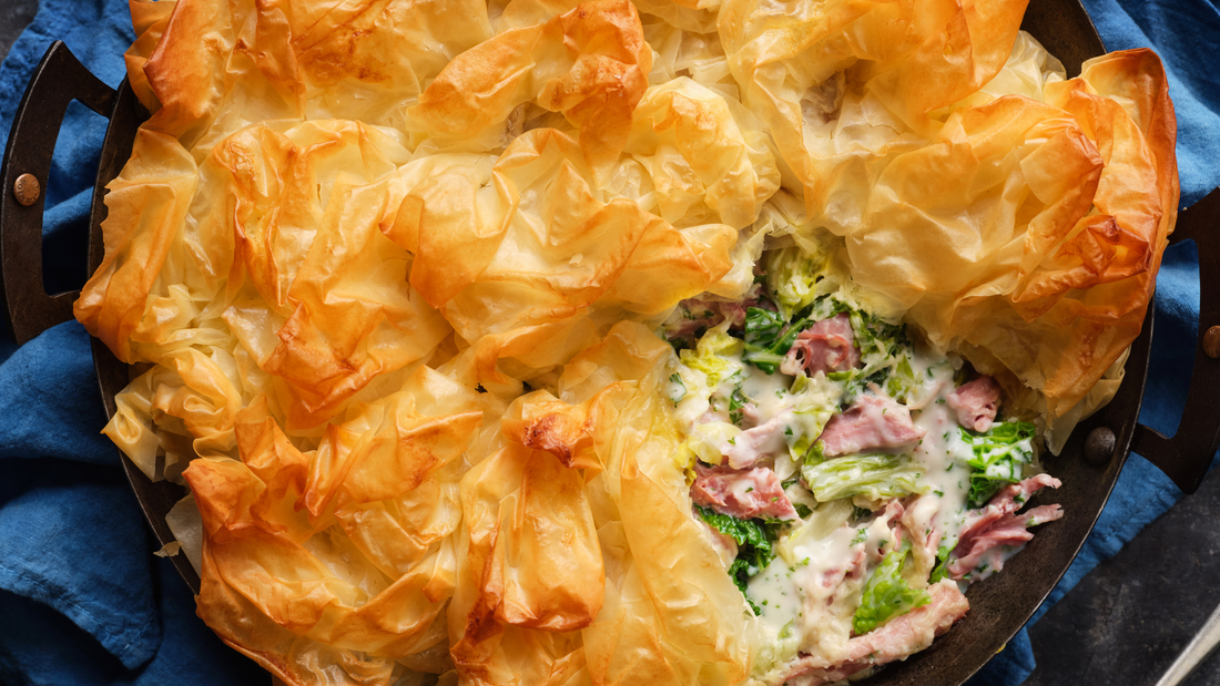 Bacon and cabbage filo pie